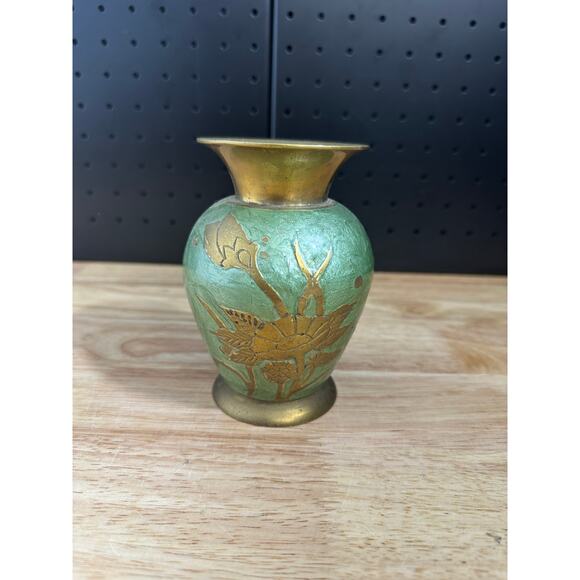 Vintage Small Brass vase Painted Floral Unbuffed Collectors Item - Picture 1 of 7
